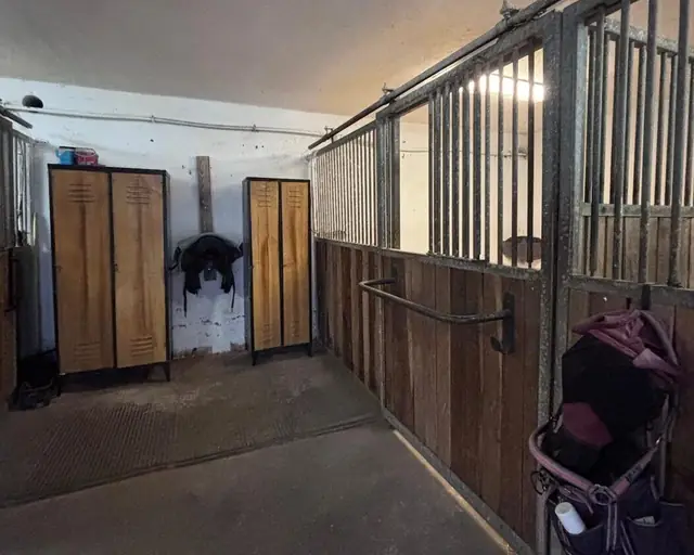 Stáj — boxy, skříňky pro majitele a sedlo připravené na vyjížďku